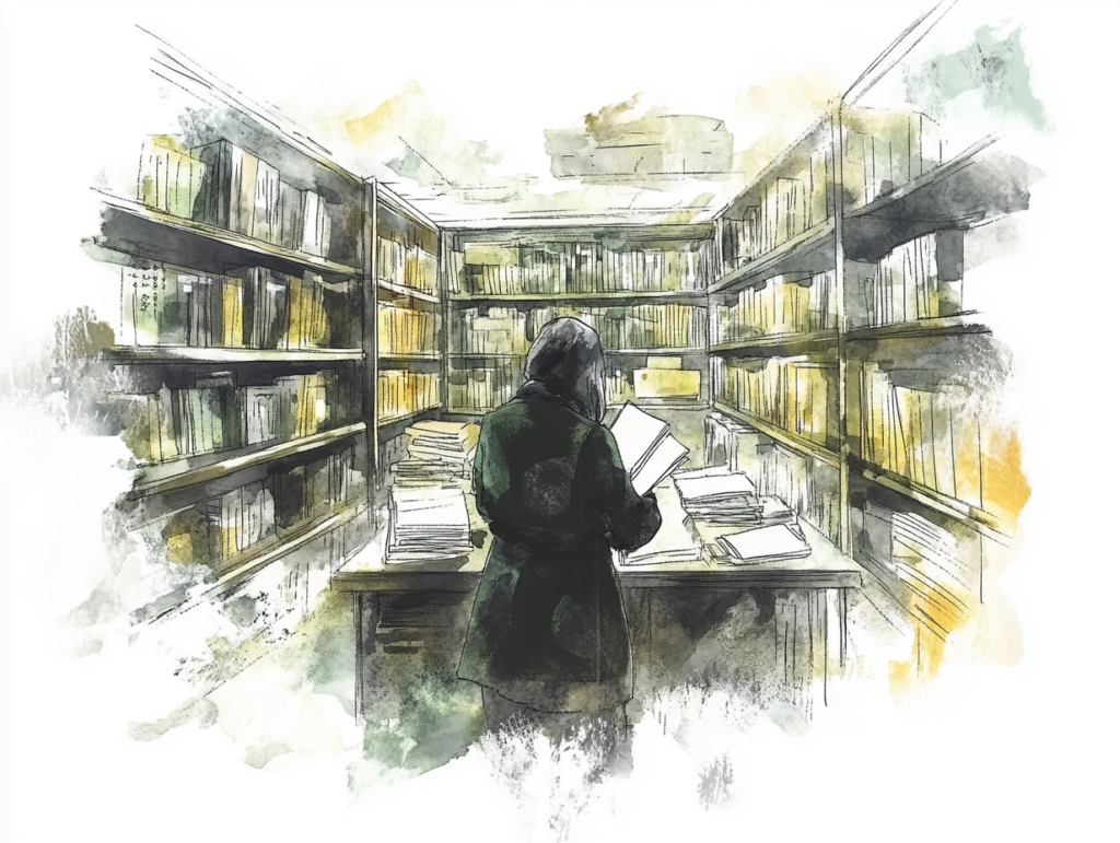 Urban Sketch einer Person im Archiv, umgeben von Bücherregalen – Ahnenforschung und historische Recherche