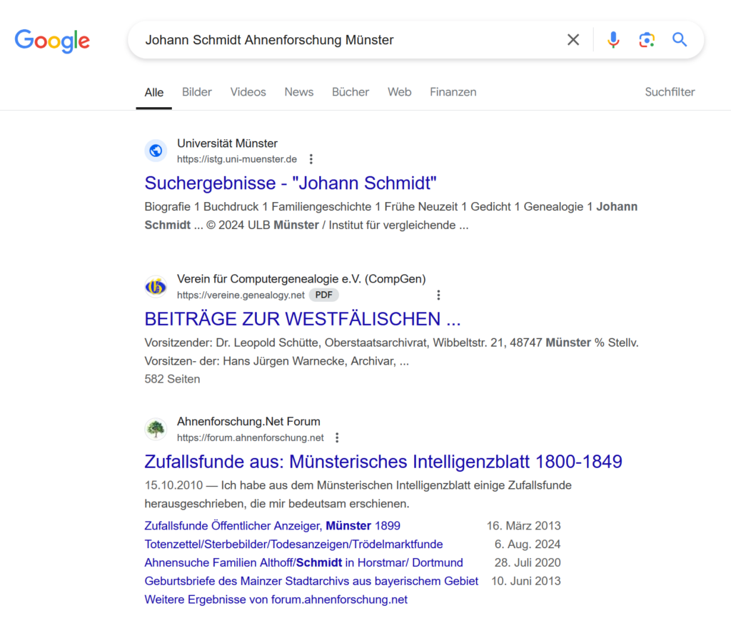 Google-Suche für Ahnenforschung - Beispiel für effektive Suchbegriffe im Internet als Recherchetool für Ahnenforschung