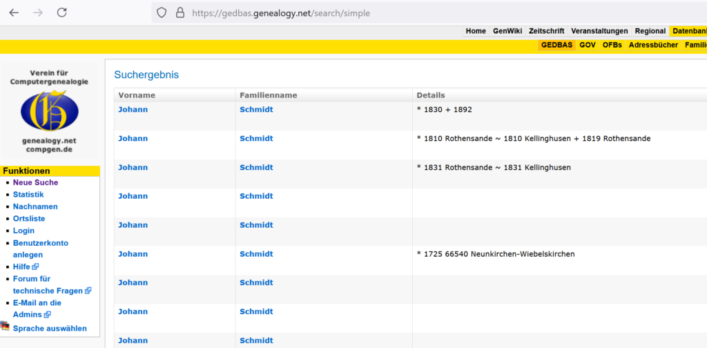 Trefferliste einer regionalen genealogischen Webseite für Ahnenforschung